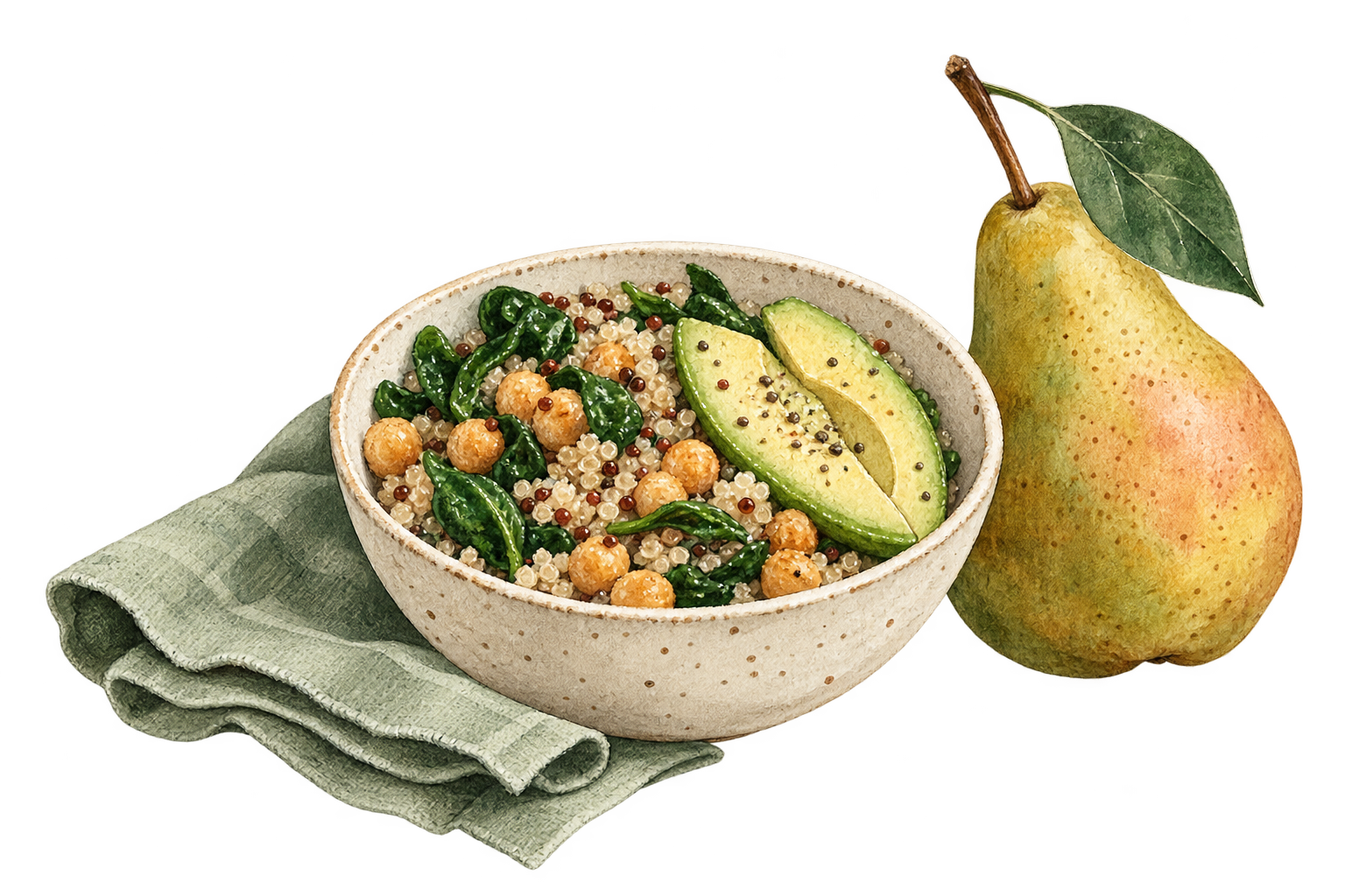 A watercolor bowl of greens, chickpeas and avocado, beside a golden pear